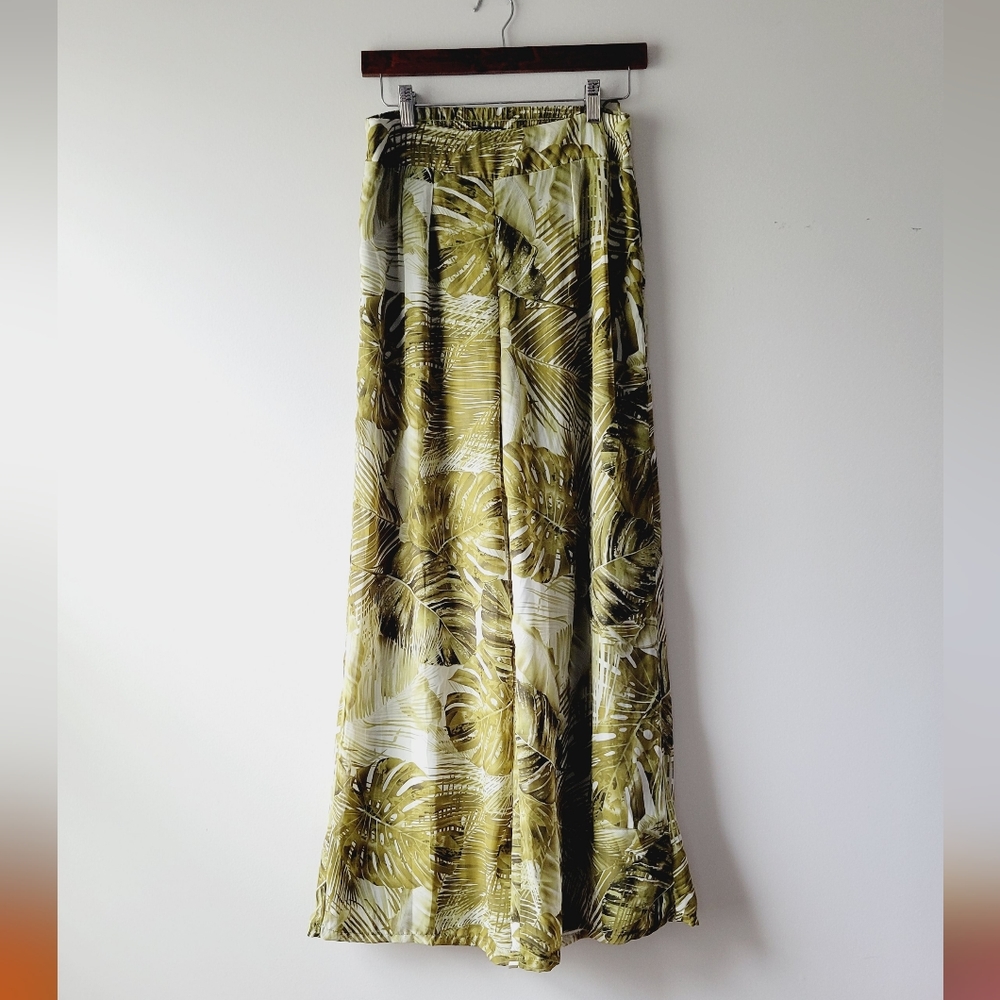 Fashion Nova Olive Green Palm Print Wide Leg Trousers